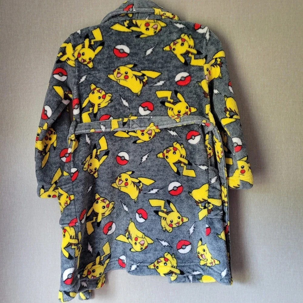 Pokémon Pikachu Plush Fleece Bathrobe Grey Yellow Kids Size Medium (M)